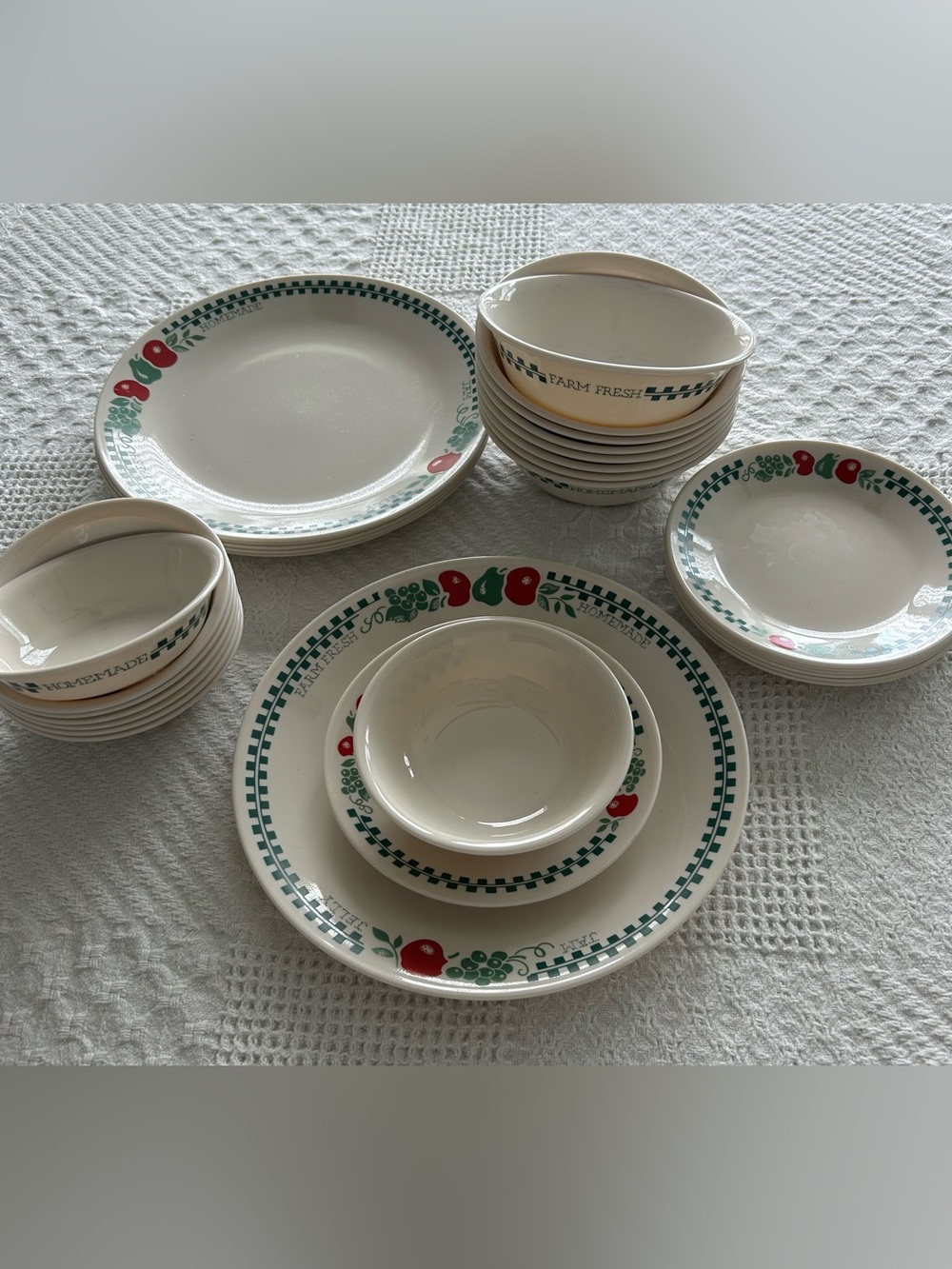 Corelle Farm Fresh White Dinnerware with Green Check & Red Fruit Accents